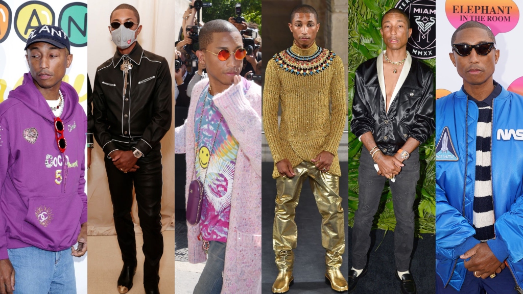 Pharrell Williams being a fashion icon in six different looks