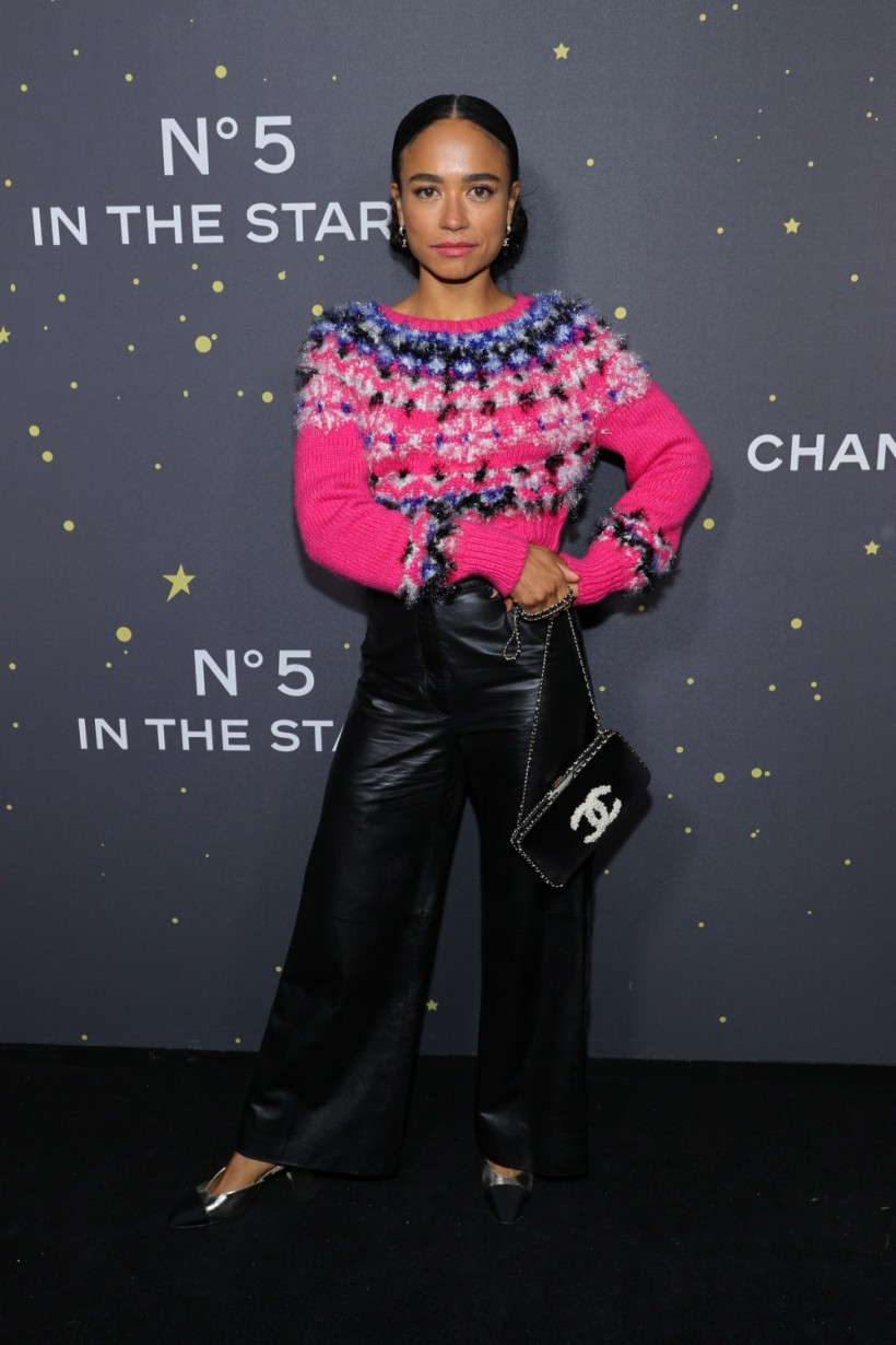  Lauren Ridloff attends the CHANEL Party wearing CHANEL to celebrate the debut of CHANEL N°5 in the Stars at Rockefeller Center on November 05, 2021 in New York City. 
