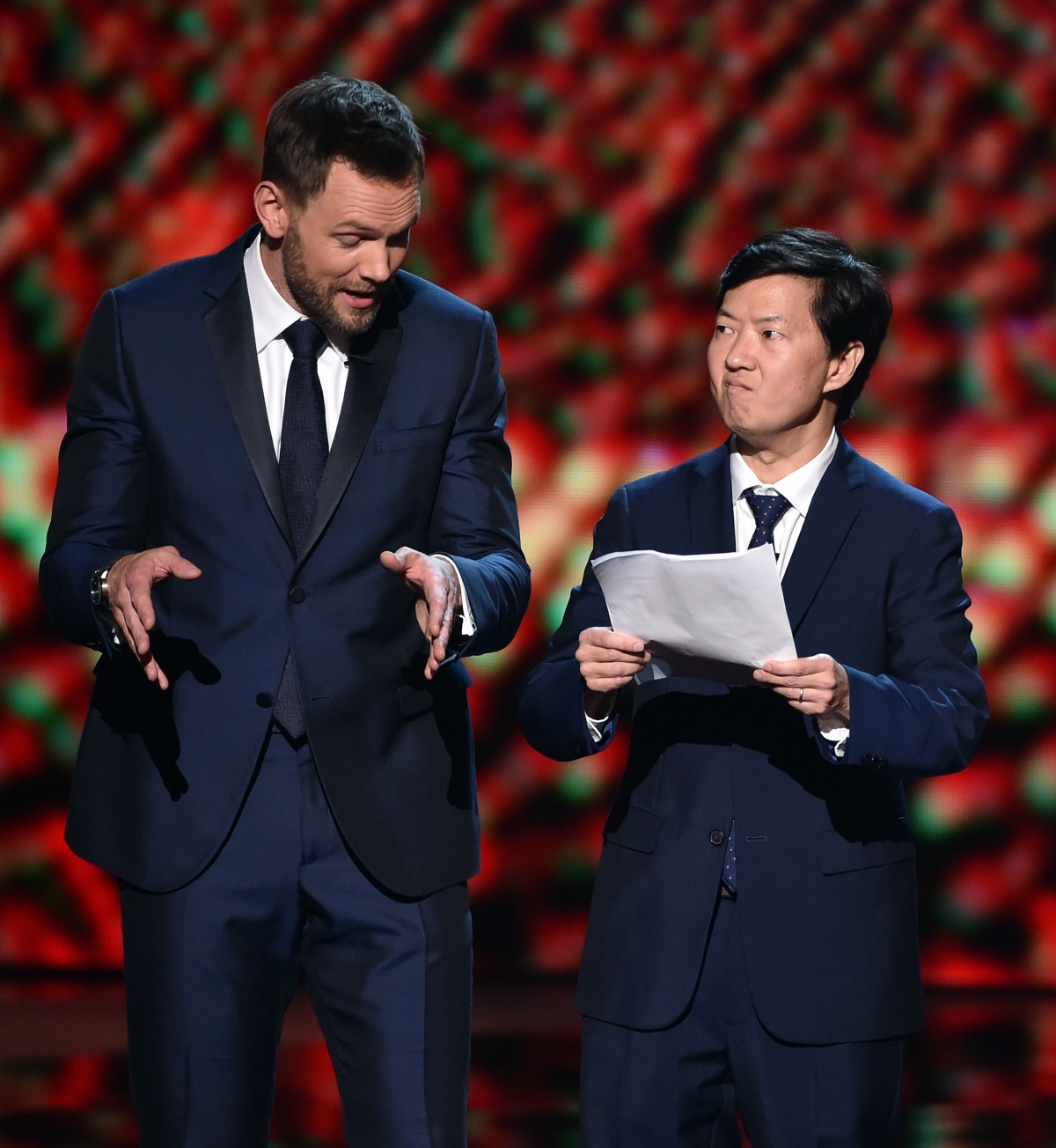Host Joel McHale (L) and actor Ken Jeong speak onstage during The 2015 ESPYS at Microsoft Theater on July 15, 2015 in Los Angeles, California.