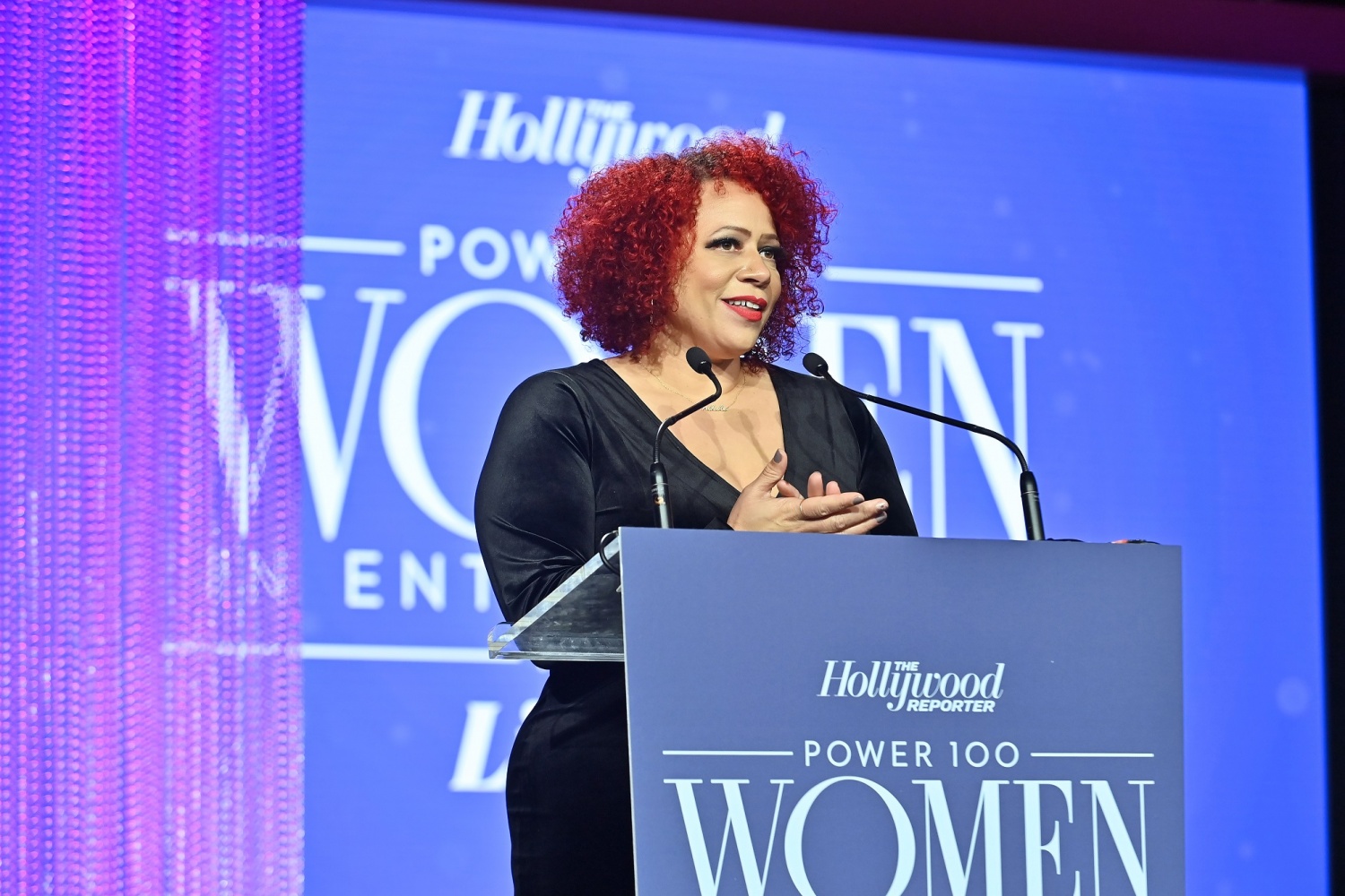Nikole Hannah-Jones speaks onstage at The Hollywood Reporter 2021 Power 100 Women in Entertainment, presented by Lifetime at Fairmont Century Plaza on December 08, 2021 in Los Angeles, California. 