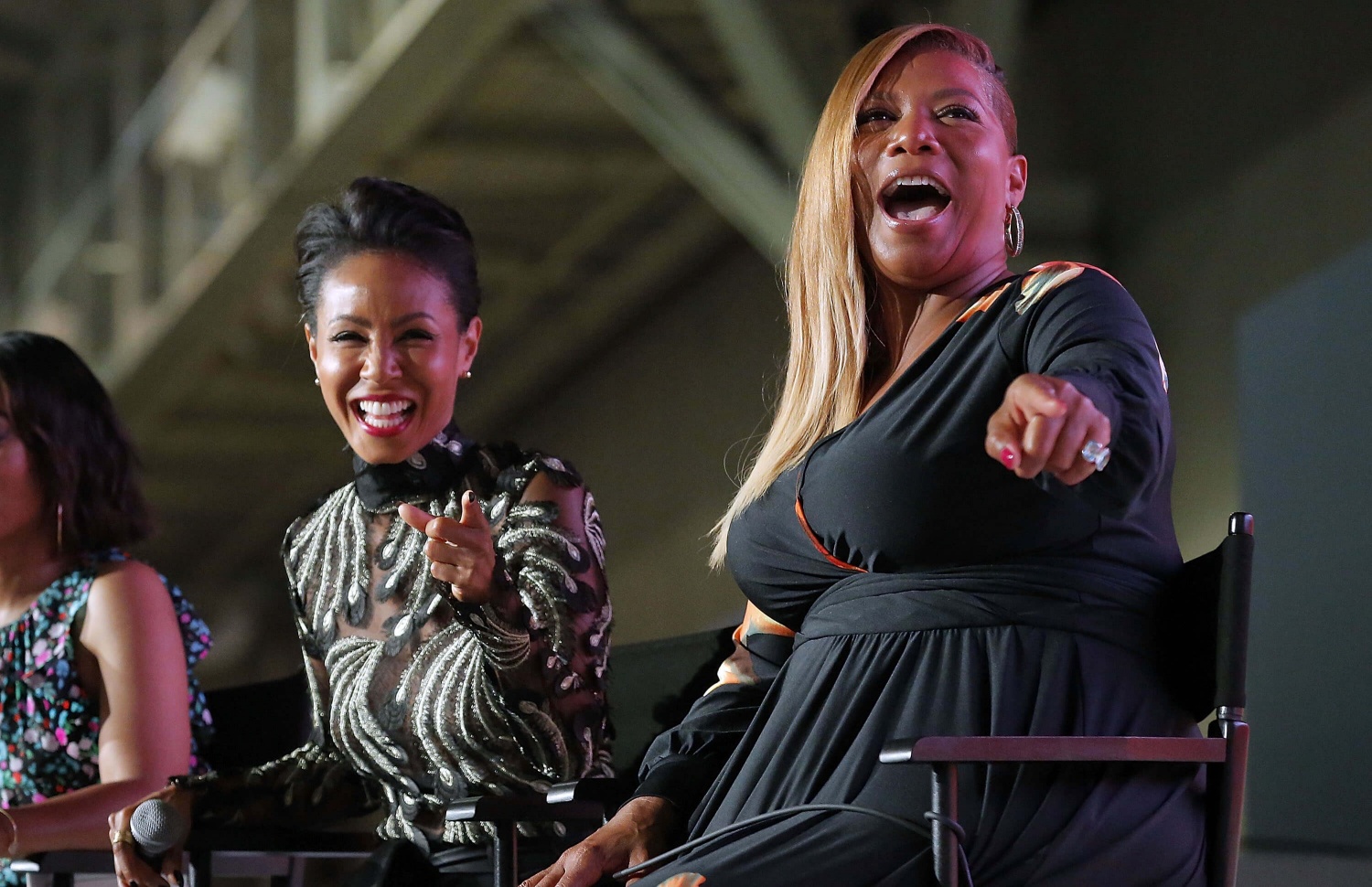 Jada Pinkett Smith, left, Queen Latifah from the movie Girls Trips speak during the Essence Music Festival at the Ernest N. Morial Convention Center on July 1, 2017 in New Orleans, Louisiana. (Photo by Jonathan Bachman/Getty Images for Universal)