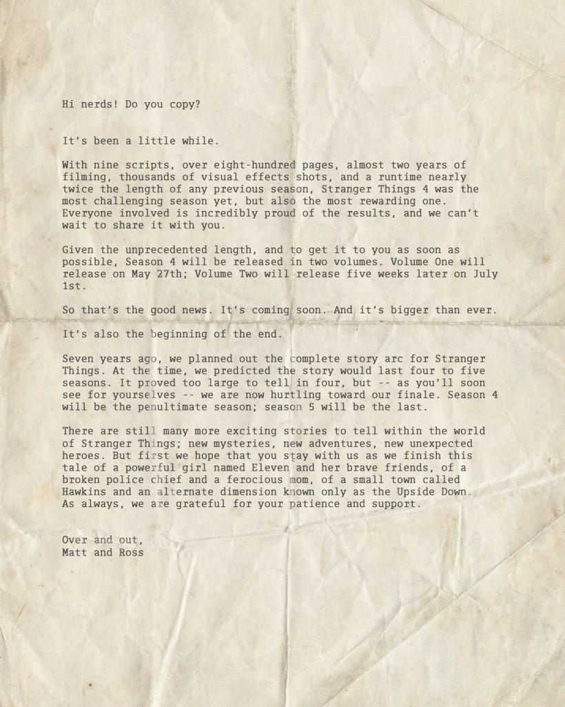 Stranger Things Duffer Brother Letter