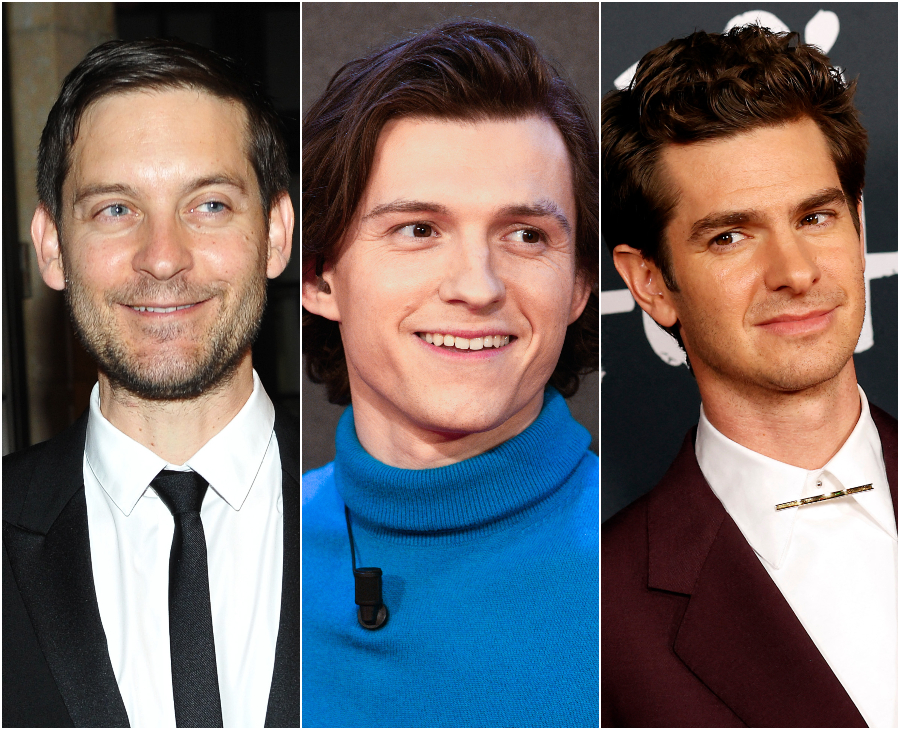 assgate with tom holland andrew garfield and tobey maguire one of them has a fake butt in their spidey suit