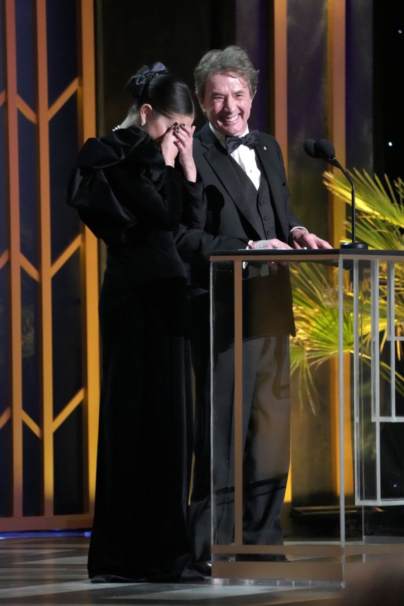 Selena Gomez and Martin Short present Outstanding Performance by a Female Actor in a Supporting Role onstage during the 28th Screen Actors Guild Awards at Barker Hangar on February 27, 2022 in Santa Monica, California. 1184573 