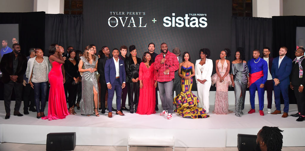 Tyler Perry (C) and Entire Cast of The oval and Sistas attend "The Oval" & "Sistas" Atlanta Screening at 200 Peachtree on October 20, 2019 in Atlanta, Georgia.