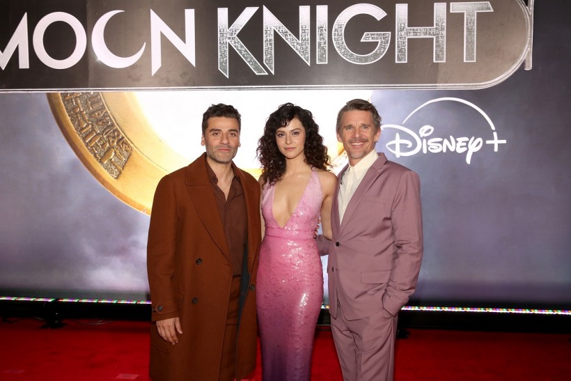 Oscar Isaac, May Calamawy, and Ethan Hawke at Moon Knight Premier (Photo Credit Jesse Grant/Getty Images for Disney)