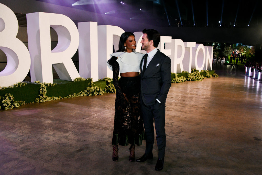 Simone Ashley and Jonathan Bailey attend the World Premiere of "Bridgerton" Season 2 at The Tate Modern on March 22, 2022 in London, England. 