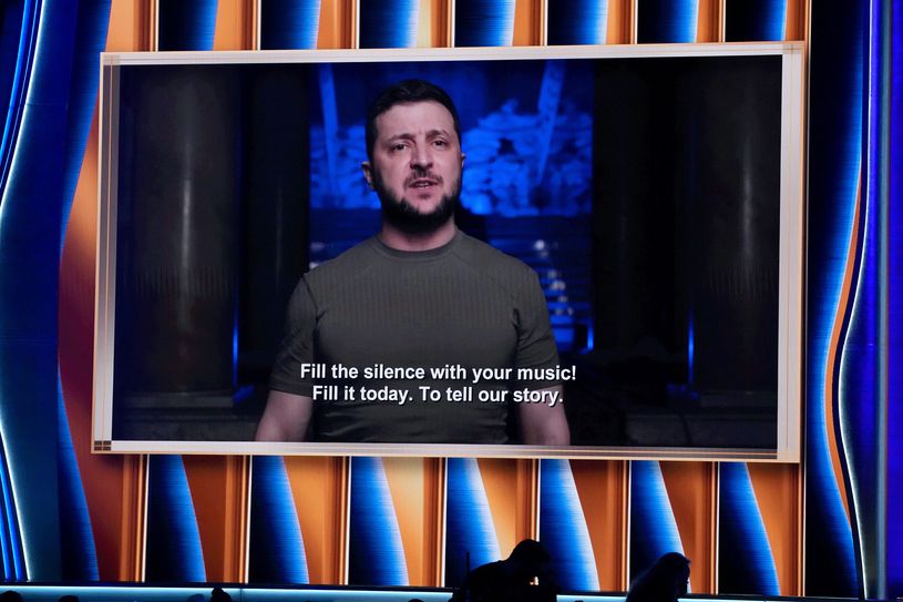 President of Ukraine Volodymyr Zelenskyy speaks on screen during the 64th Annual GRAMMY Awards at MGM Grand Garden Arena on April 03, 2022 in Las Vegas, Nevada. (Photo by Kevin Mazur/Getty Images for The Recording Academy)