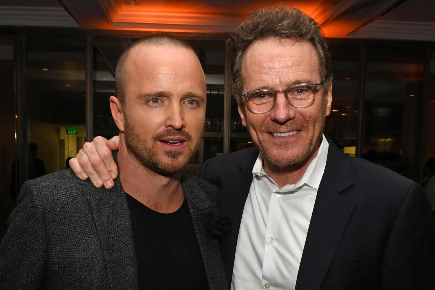 Aaron Paul (L) and Bryan Cranston attend the Premiere of Netflix's "El Camino: A Breaking Bad Movie" After Party at Baltaire on October 07, 2019 in Los Angeles, California. (Photo by Kevin Winter/Getty Images)