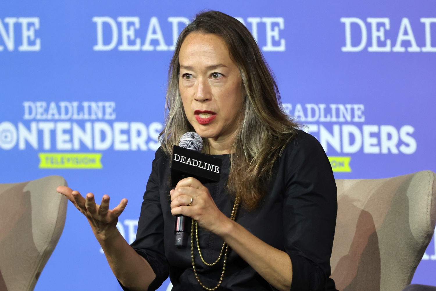 Director/EP Karyn Kusama speaks onstage during Showtime's 'Yellowjackets' panel during Deadline Contenders Television at Paramount Studios on April 09, 2022 in Los Angeles, California. (Photo by Kevin Winter/Getty Images for Deadline Hollywood )