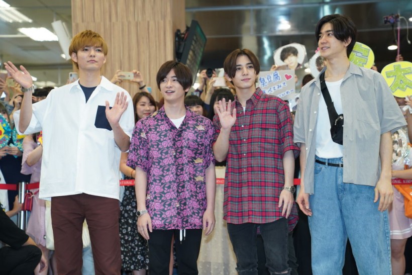 Singers Kota Yab, Yuri Chinen, Ryosuke Yamada and Yuto Nakajima of Japanese boy group Hey! Say! Jump arrive at an airport on June 14, 2019 in Taipei, Taiwan of China. 