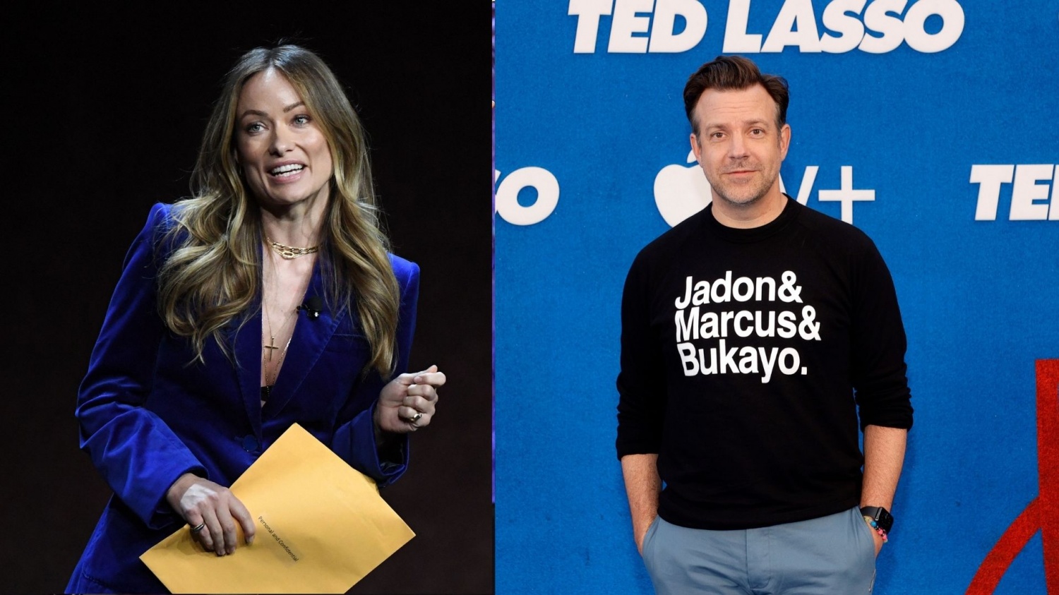 Olivia Wilde (Photo by VALERIE MACON / AFP) (Photo by VALERIE MACON/AFP via Getty Images) and Jason Sudeikis (Photo by Amy Sussman/Getty Images)