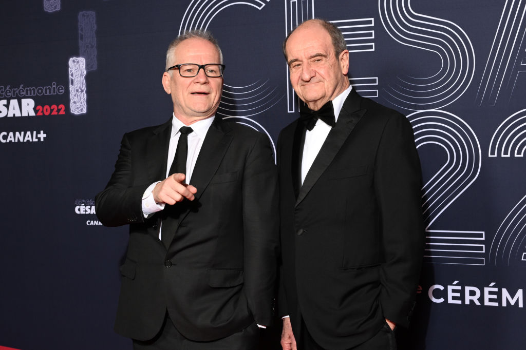 Thierry Fremaux and Pierre Lescure arrive at the 47th Cesar Film Awards Ceremony At L'Olympia on February 25, 2022 in Paris, France. 
