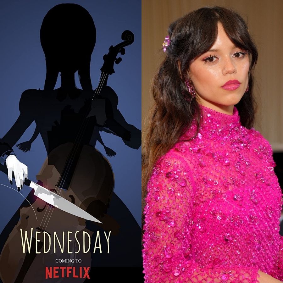 Wednesday Poster Art and Jenna Ortega (Photo by Kevin Mazur/MG22/Getty Images for The Met Museum/Vogue )