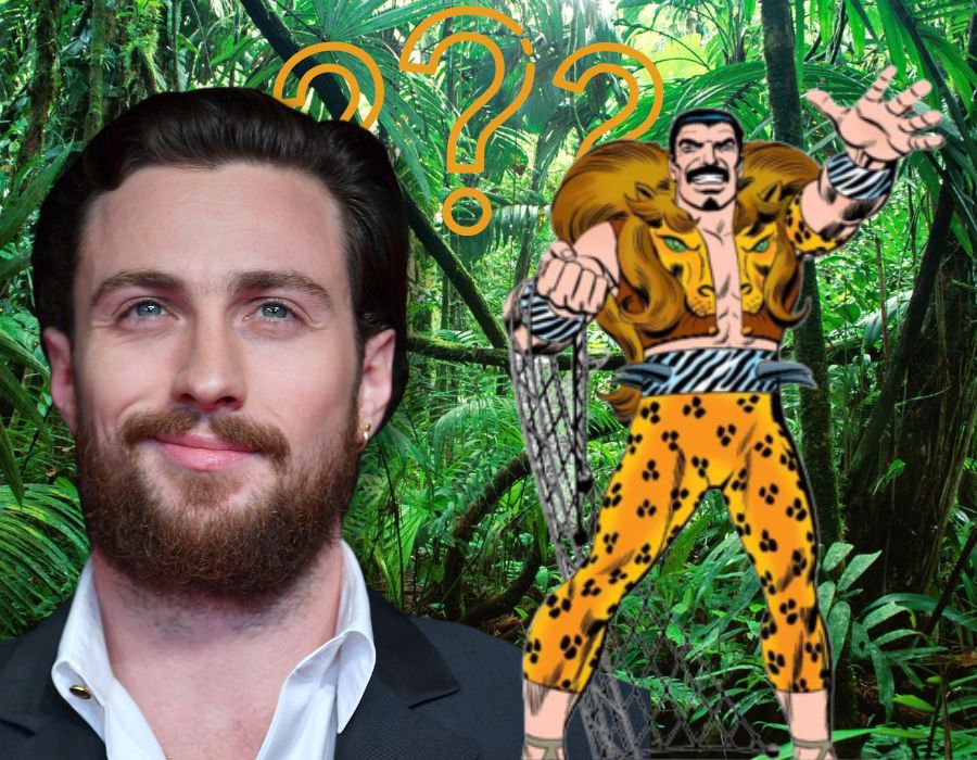Aaron Taylor-Johnson (Photo by Gareth Cattermole/Gareth Cattermole/Getty Images for BFI) and Kraven The Hunter (Art by John Romita)