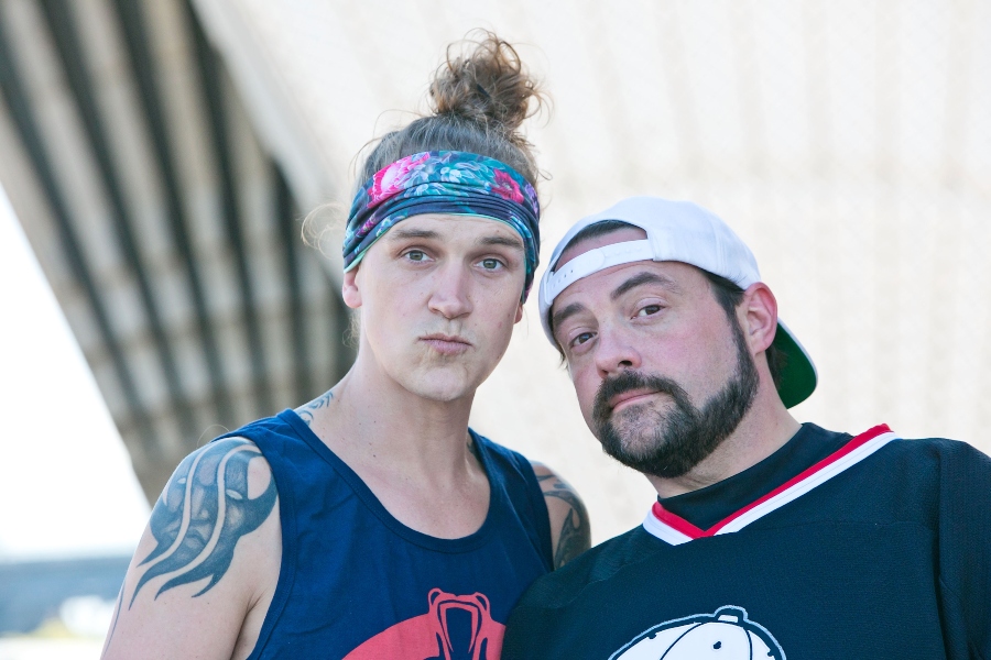 Kevin Smith and Jason Mewes (aka Jay and Silent Bob) pose during a media call at Sydney Opera House on September 18, 2015 in Sydney, Australia. (Photo by Sarah Keayes/Getty Images)