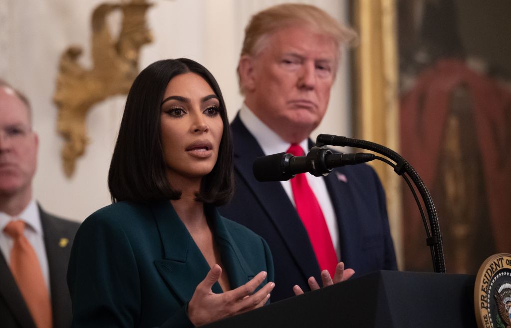 Kim Kardashian speaks as US President Donald Trump holds an event 