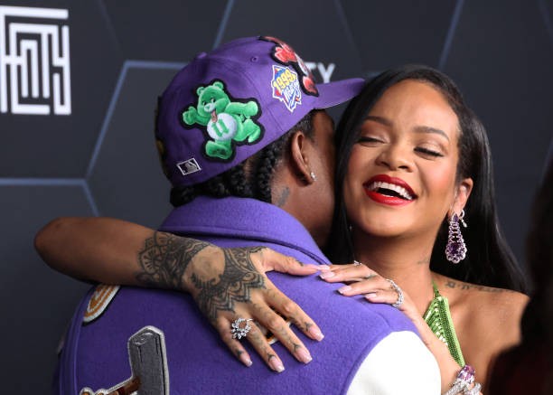 LOS ANGELES, CALIFORNIA - FEBRUARY 11: ASAP Rocky and Rihanna pose for a picture as they celebrate her beauty brands Fenty Beauty and Fenty Skinat Goya Studios on February 11, 2022 in Los Angeles, California. 