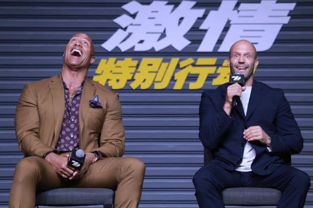 BEIJING, CHINA - AUGUST 05: Actors Jason Statham (R) and Dwayne Johnson attend the 'Fast & Furious: Hobbs & Shaw' press conference on August 5, 2019 in Beijing, China. 