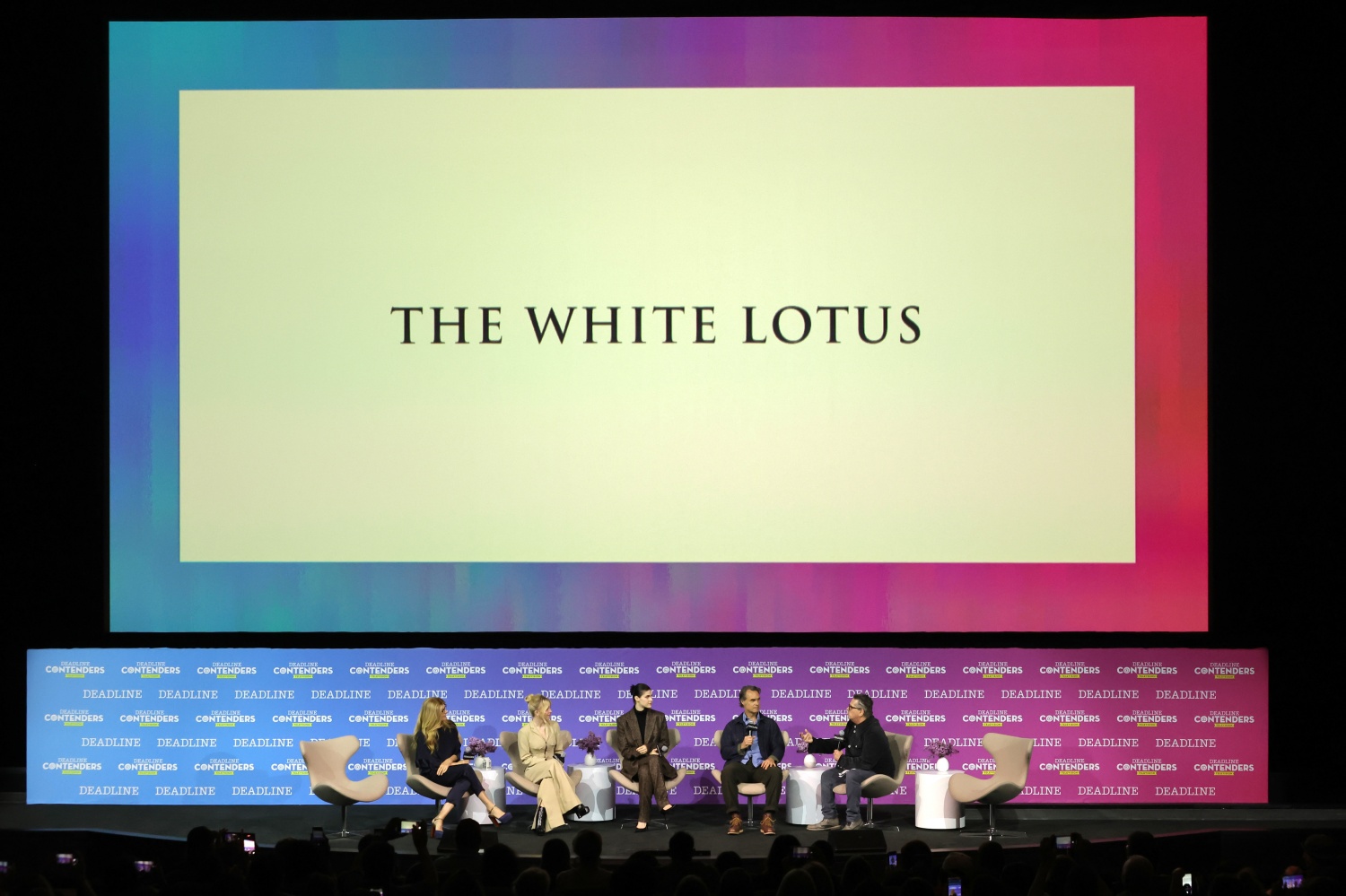 (L-R) Actors Connie Britton, Sydney Sweeney, Alexandra Daddario, Murray Bartlett, and moderator Anthony D'Alessandro at HBO Max's 'The White Lotus'