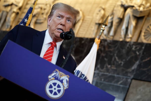 WASHINGTON, DC - JANUARY 31: Republican presidential candidate and former U.S. President Donald Trump delivers remarks after meeting with leaders of the International Brotherhood of Teamsters at their headquarters on January 31, 2024 in Washington, DC. The United Auto Workers endorsed President Joe Biden's re-election campaign one week ago. 