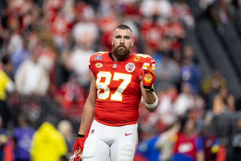 LAS VEGAS, NEVADA - FEBRUARY 11: Travis Kelce #87 of the Kansas City Chiefs reacts as he signals prior to the NFL Super Bowl 58 football game between the San Francisco 49ers and the Kansas City Chiefs at Allegiant Stadium on February 11, 2024 in Las Vegas, Nevada. (Photo by Michael Owens/Getty Images)