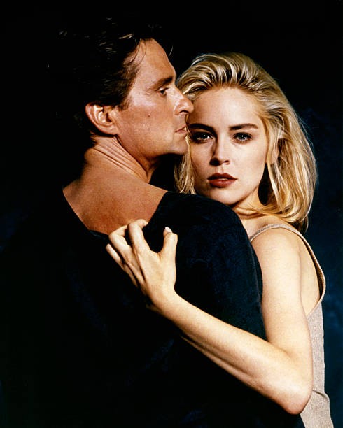 American actors Michael Douglas and Sharon Stone on the set of Basic Instinct directed by Dutch Paul Verhoeven.
