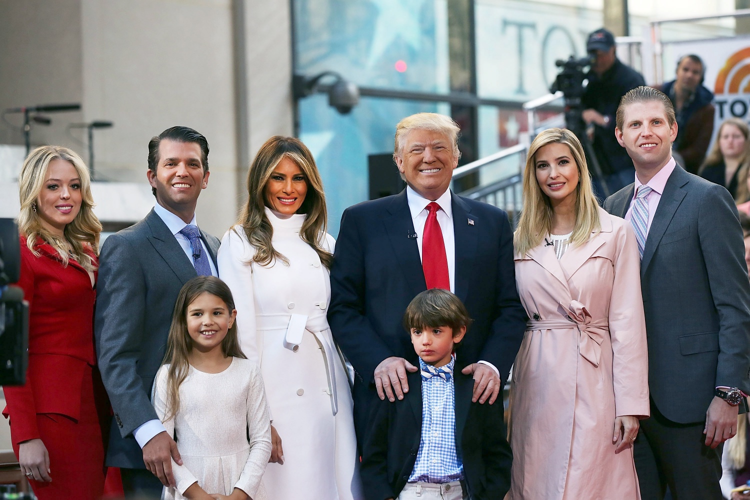 Donald Trump stands with his wife Melania Trump (center left) and from right: Eric Trump, Ivanka Trump, Donald Trump Jr. and Tiffany Trump