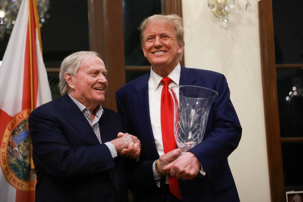 WEST PALM BEACH, FLORIDA - MARCH 24: Retired professional golfer Jack Nicklaus presents Republican presidential candidate and former President Donald Trump with the 2024 Trump International Golf Club Most Improved Player award on March 24, 2024, in West Palm Beach, Florida. Donald Trump is expected to be in New York in the morning for a court appearance in his Manhattan criminal prosecution case. 