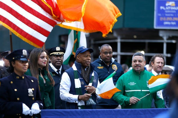 NEW YORK, NEW YORK - MARCH 16: NY Mayor Eric Adams and NYPD Commissioner Edward Caban march during the St. Patrick's Day Parade on 5th Ave on March 16, 2024 in New York City. The oldest and largest St Patrick's parade in the world was first held on March 17, 1762. The parade commemorates St. Patrick the patron Saint of Ireland and the Archdiocese of New York. 