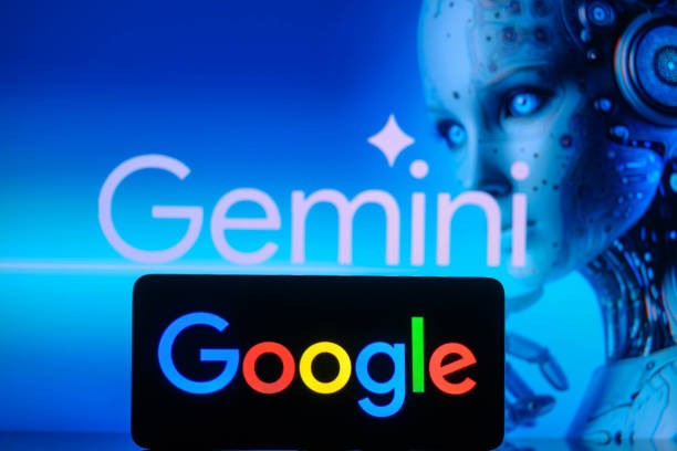 A smart phone displaying Google with the Google Gemini logo in the background is being featured in this photo illustration in Brussels, Belgium, on February 8, 2024.