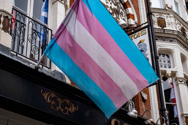 Transgender Pride flag in Soho on 6th March 2024 in London, United Kingdom. The transgender flag is a light blue, pink and white pentacolour pride flag representing the transgender community, organizations, and individuals.(photo by Mike Kemp/In Pictures via Getty Images)