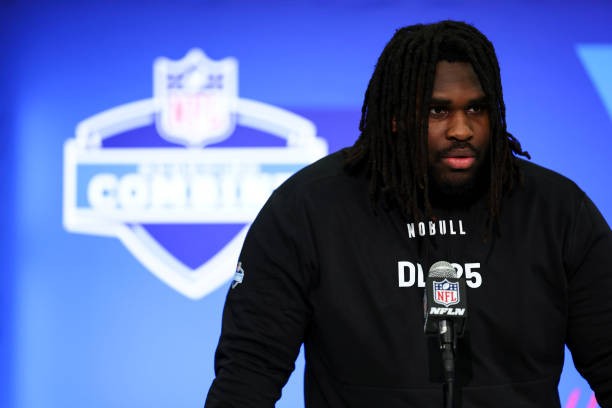 INDIANAPOLIS, INDIANA - FEBRUARY 28: T'Vondre Sweat #DL25 of Texas speaks to the media during the NFL Combine at the Indiana Convention Center on February 28, 2024 in Indianapolis, Indiana.