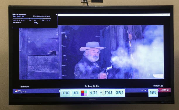 SANTA FE, NEW MEXICO - FEBRUARY 28: A still from a video clip featuring Alec Baldwin shown during the involuntary manslaughter trial of Hannah Gutierrez-Reed at the First Judicial District Courthouse on February 29, 2024 in Santa Fe, New Mexico. Gutierrez-Reed, who was working as the armorer on the movie 