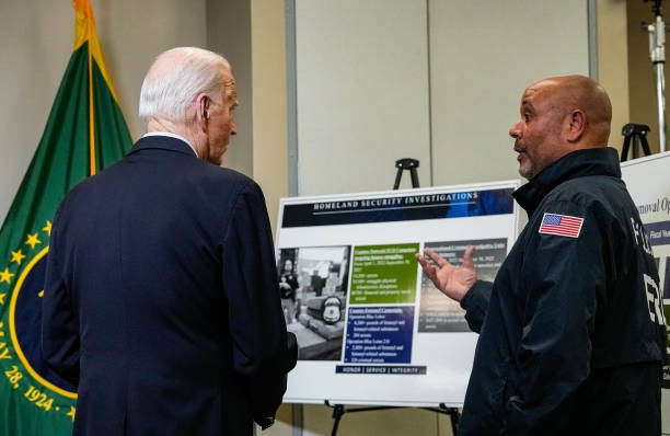 BROWNSVILLE, TEXAS - FEBRUARY 29: United States President Joe Biden receives a briefing on the current status of immigration and Border Patrol needs as he visits the Texas border to remark on immigration reform on Thursday, Feb. 29, 2024, in Brownsville.