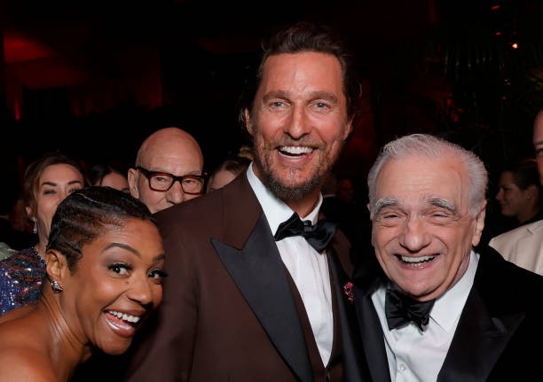 BEVERLY HILLS, CALIFORNIA - MARCH 10: EXCLUSIVE ACCESS, SPECIAL RATES APPLY. (L-R) Tiffany Haddish, Matthew McConaughey and Martin Scorsese attend the 2024 Vanity Fair Oscar Party Hosted By Radhika Jones at Wallis Annenberg Center for the Performing Arts on March 10, 2024 in Beverly Hills, California.