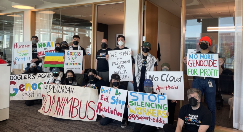 BREAKING—DOZENS OF 
@GOOGLE WORKERS LEAD HISTORIC COAST TO COASTINS AT @GOOGLECLOUD CEO THOMAS KURIAN’S OFFICE IN SUNNYVALE & @GOOGLE’s NYC 10TH FLOOR COMMONS. They refuse to leave until @google stops powering the genocide in Gaza 