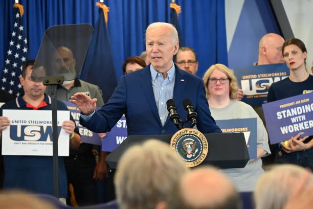 PITTSBURGH, PENNSYLVANIA, UNITED STATES - APRIL 17: U.S. President Joe Biden speaks on proposing tariffs on Chinese steel at the United Steelworkers Headquarters in Pittsburgh, Pennsylvania, United States on April 17, 2024. 