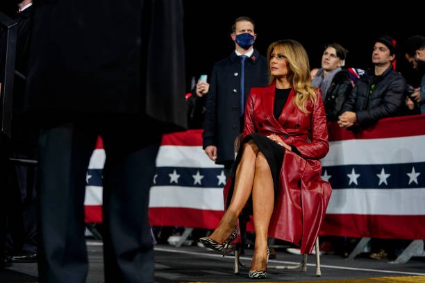 VALDOSTA, GA - DECEMBER 5: First lady Melania Trump sits off stage as President Donald Trump speaks during a victory rally on Saturday, Dec. 5, 2020 in Valdosta, Georgia. The event was hosted by the Republican National Committee and featured Senators David Perdue and Kelly Loeffler. 