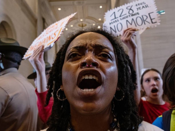 NASHVILLE, TN - APRIL 06: Protesters gather at the Tennessee State Capitol building to call for gun reform laws and show support for the three Democratic representatives who were facing expulsion on April 6, 2023 in Nashville, Tennessee. Democratic Reps. 