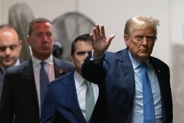NEW YORK, NEW YORK - APRIL 26: Former US President Donald Trump returns to the courtroom following a break at court for his trial for allegedly covering up hush money payments at Manhattan Criminal Court on April 26, 2024 in New York City.