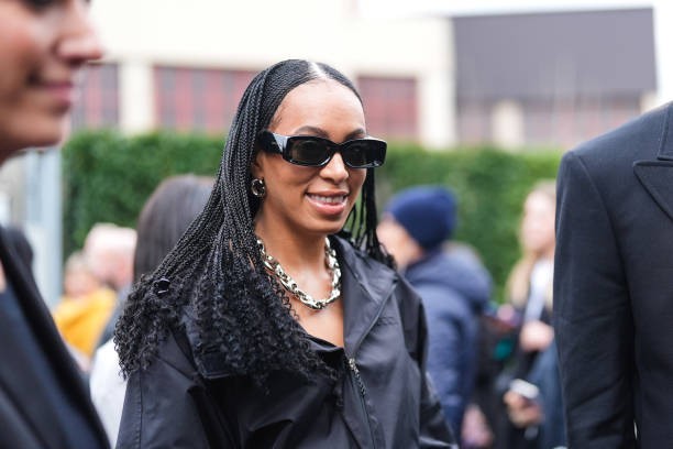 MILAN, ITALY - FEBRUARY 23: Solange Knowles wears a black shirt / jacket, black Gucci sunglasses, outside Gucci, during the Milan Fashion Week - Womenswear Fall/Winter 2024-2025 on February 23, 2024 in Milan, Italy.