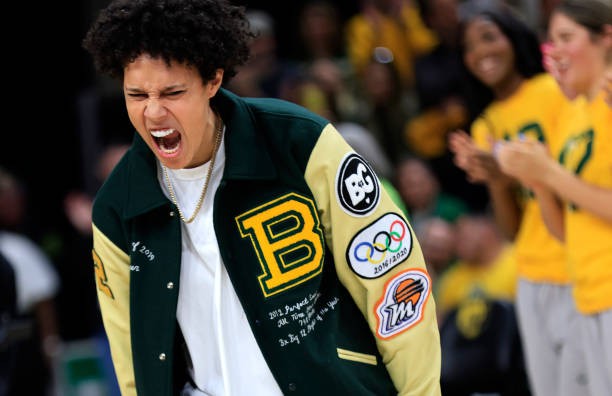 WACO, TX - FEBRUARY 18: Former Baylor Bears player Brittney Griner reacts as she is introduced before her jersey is retired before the game between the Baylor Bears and the Texas Tech Red Raiders at Foster Pavilion on February 18, 2024 in Waco, Texas. 