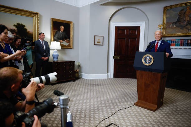 WASHINGTON, DC - MAY 02: U.S. President Joe Biden speaks from the Roosevelt Room of the White House on May 02, 2024 in Washington, DC. Biden spoke about recent protests across the United States on college campuses.