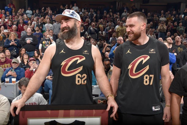 CLEVELAND, OH - MARCH 5: Jason Kelce and Travis Kelce are honored during the game between the Boston Celtics and the Cleveland Cavaliers on March 5, 2024 at Rocket Mortgage FieldHouse in Cleveland, Ohio.