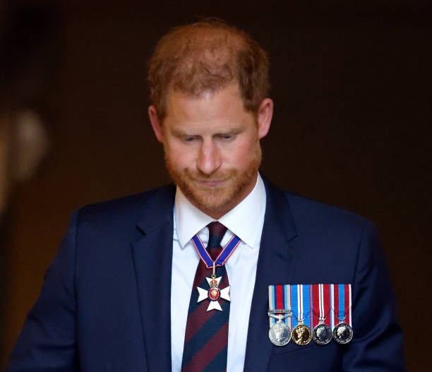 LONDON, UNITED KINGDOM - MAY 08: (EMBARGOED FOR PUBLICATION IN UK NEWSPAPERS UNTIL 24 HOURS AFTER CREATE DATE AND TIME) Prince Harry, Duke of Sussex (wearing a Household Division regimental tie and medals including his Knight Commander of the Royal Victorian Order cross) attends The Invictus Games Foundation 10th Anniversary Service at St Paul's Cathedral on May 8, 2024 in London, England
