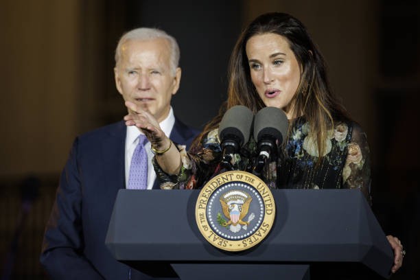 Ashley Biden speaks alongside her father US President Joe Biden during a Juneteenth concert on the South Lawn of the White House in Washington, DC, US, on Tuesday, June 13, 2023.