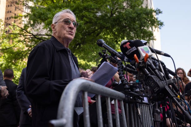 Actor Robert De Niro speaks during a news conference outside Manhattan criminal court in New York, US, on Tuesday, May 28, 2024.