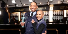Will Smith, winner of Outstanding Performance by a Male Actor in a Leading Role for "King Richard", and Jada Pinkett Smith attend the 28th Screen Actors Guild Awards at Barker Hangar on February 27, 2022 in Santa Monica, California.